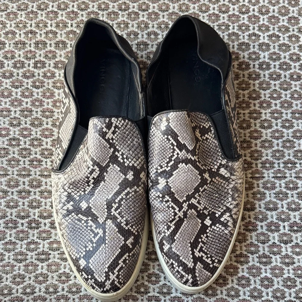 VINCE Blair 5 Snakeskin Print Leather Slip On Sneakers in Taupe Women's 9